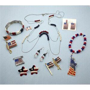 USA Patriotic Costume Jewelry Lot 13pcs Necklace Bracelets Pins Earrings